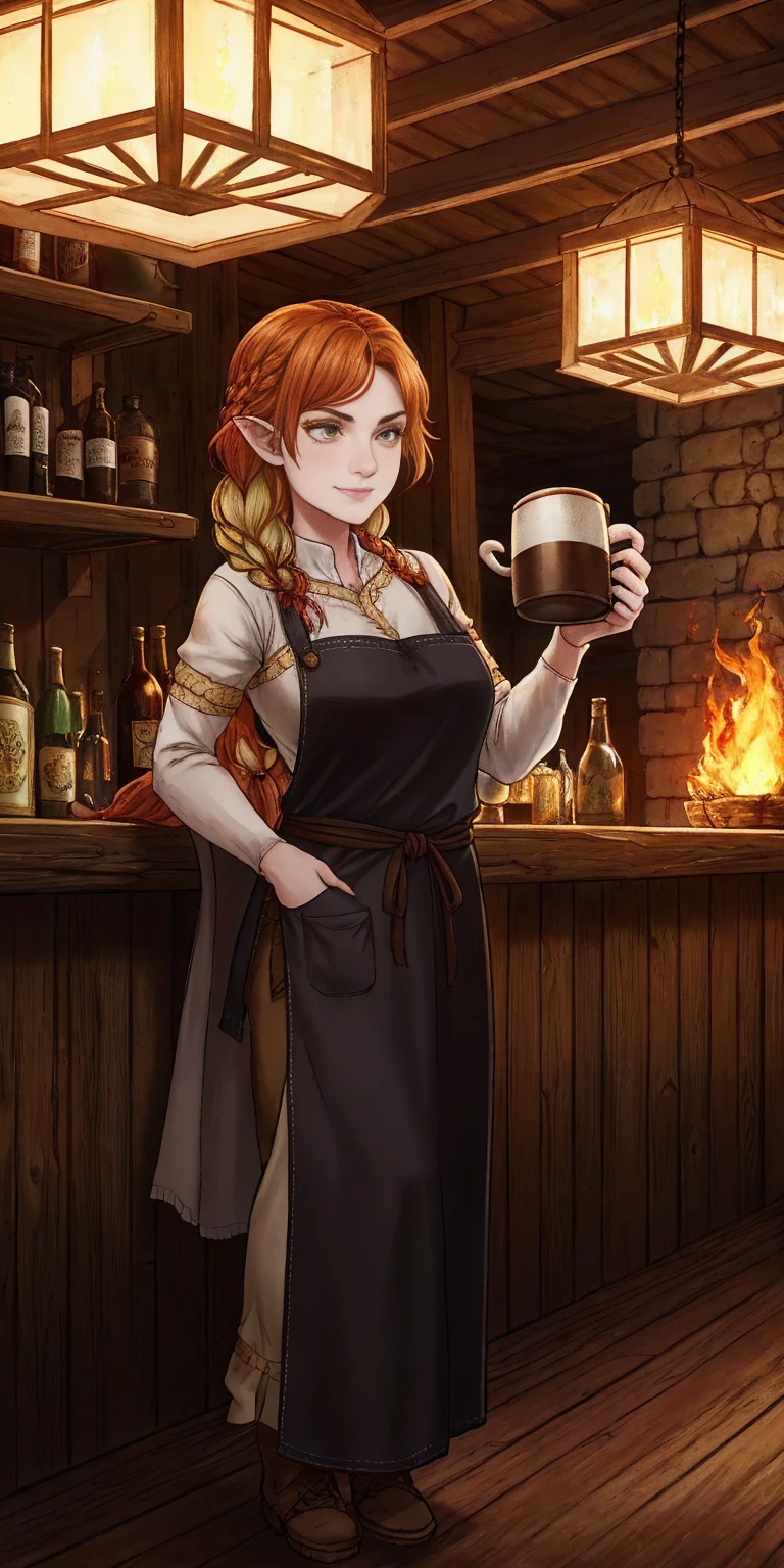 Concept: A medieval fantasy bar scene with a confident female innkeeper. Setting: Style: Medieval fantasy tavern Lighting: Warm, flickering candlelight with a touch of firelight in the background Details: Rough-hewn wooden beams, worn stone floor, shelves stocked with tankards and bottles, a large fireplace Characters: Main character: A strong, middle-aged woman with fiery red hair braided back. She wears a sturdy leather jerkin and a worn apron, exuding a sense of seasoned experience. Optional extra: A few patrons in the background, a mix of fantasy races like humans, elves, or dwarves. Action: The innkeeper holds a large, overflowing mug of ale, a hint of a smile playing on her lips. (Optional) She leans on the bar, one hand on the mug, the other resting on her hip. Mood: Welcoming, lively, a place for weary travelers and adventurers to relax and share stories. This breakdown provides a clear structure for your image generation. You can further refine it by specifying details like: Hair color/style for the innkeeper (fiery red in braids) Race of the patrons (a human bard, or warrior) Specific ale (a dark, rich stout) Overall color palette (warm browns, golden highlights)