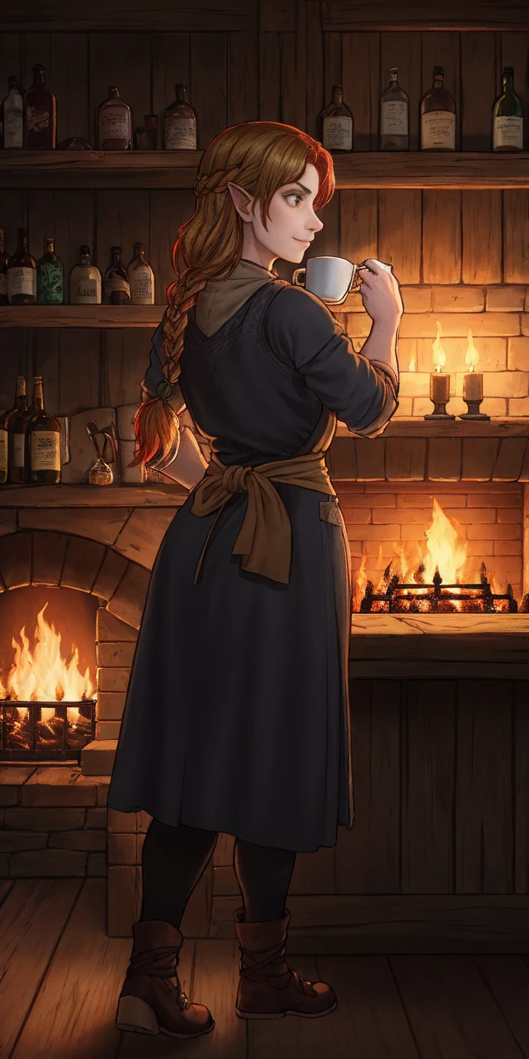 Concept: A medieval fantasy bar scene with a confident female innkeeper. Setting: Style: Medieval fantasy tavern Lighting: Warm, flickering candlelight with a touch of firelight in the background Details: Rough-hewn wooden beams, worn stone floor, shelves stocked with tankards and bottles, a large fireplace Characters: Main character: A strong, middle-aged woman with fiery red hair braided back. She wears a sturdy leather jerkin and a worn apron, exuding a sense of seasoned experience. Optional extra: A few patrons in the background, a mix of fantasy races like humans, elves, or dwarves. Action: The innkeeper holds a large, overflowing mug of ale, a hint of a smile playing on her lips. (Optional) She leans on the bar, one hand on the mug, the other resting on her hip. Mood: Welcoming, lively, a place for weary travelers and adventurers to relax and share stories. This breakdown provides a clear structure for your image generation. You can further refine it by specifying details like: Hair color/style for the innkeeper (fiery red in braids) Race of the patrons (a human bard, or warrior) Specific ale (a dark, rich stout) Overall color palette (warm browns, golden highlights)