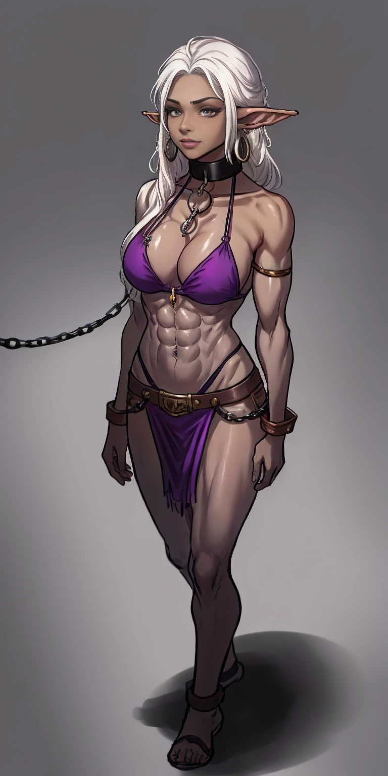 Appearance
Gender: Female
Age:
Race: Drow (elf with dark skin and white hair)
Height: Full-body
Skin: Gray
Background: Plain Gray
Eyes: Purple
Attire: Bikini, revealing abdominal muscles
Accessories: Large earrings, ragged rags, chain necklace, leather collar choker neck bell 🔔