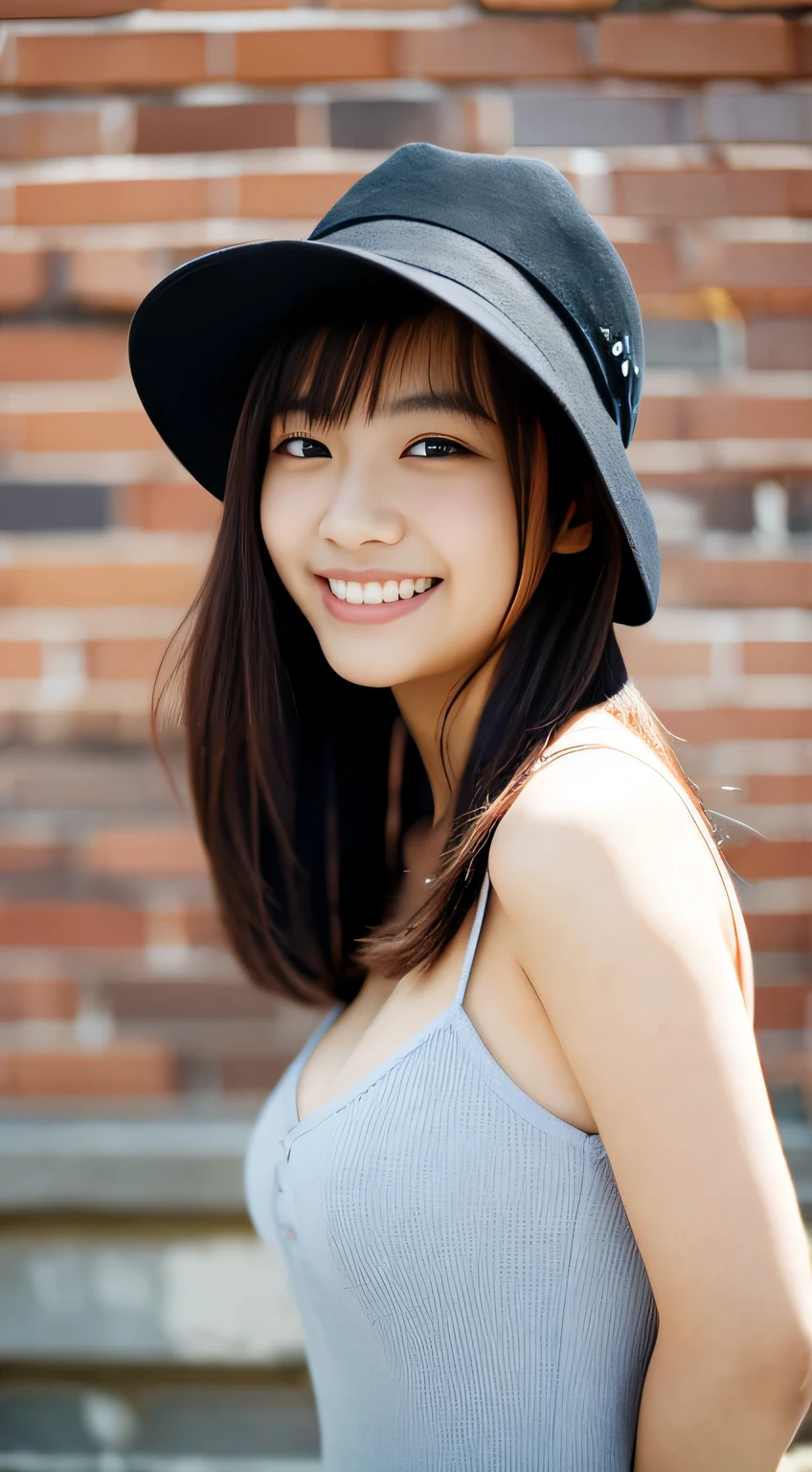 masterpiece,best quality,(Japanese ),((Beautiful girl)),cleavage,(perfect body beauty:1.2),(shy smile),beautiful teeth,(Blurred background of brick buildings),(hat),