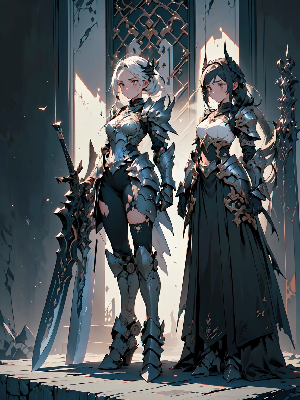 Design a layout showcase Gaming character, (1girl). Black+Gold clothes, opulent and dark, ((showcase weapon:1.4)), cursed blade, (masterpiece:1.2), (best quality), 4k, ultra-detailed, (Step by step design, layout art:1.5), (gloomy lighting, cursed atmosphere), dark knight, ((cursed gloves)), (((revealing armor:1.3))), dark vambraces, cursed boots, (((full_body_shot:1.4)))