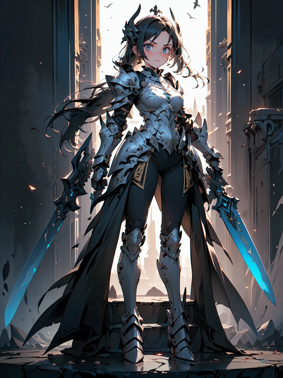 Design a layout showcase Gaming character, (1girl). Black+Gold clothes, opulent and dark, ((showcase weapon:1.4)), cursed blade, (masterpiece:1.2), (best quality), 4k, ultra-detailed, (Step by step design, layout art:1.5), (gloomy lighting, cursed atmosphere), dark knight, ((cursed gloves)), (((revealing armor:1.3))), dark vambraces, cursed boots, (((full_body_shot:1.4)))
