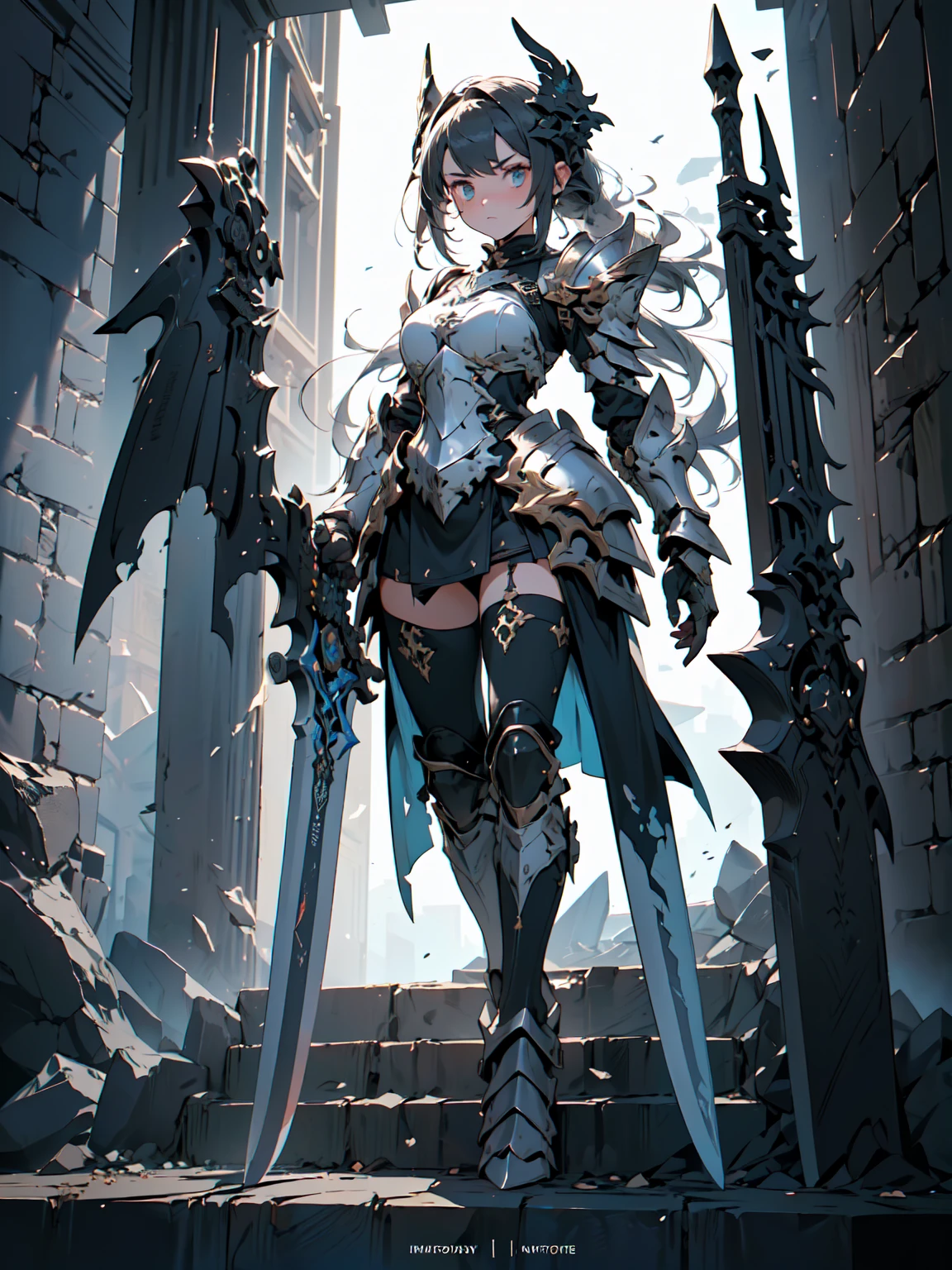 Design a layout showcase Gaming character, (1girl). Black+Gold clothes, opulent and dark, ((showcase weapon:1.4)), cursed blade, (masterpiece:1.2), (best quality), 4k, ultra-detailed, (Step by step design, layout art:1.5), (gloomy lighting, cursed atmosphere), dark knight, ((cursed gloves)), (((revealing armor:1.3))), dark vambraces, cursed boots, (((full_body_shot:1.4)))
