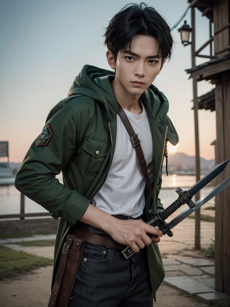 1 Handsome chinese slim guy, 20 years old, short hair, wearing Levi Ackerman costume, A very distorted personality, Detailed illustration of a cute and lovely kawaii chibi in an old village, Levi from the anime Attack on Titan, Sword in hand vertical maneuvering equipment, narrow, Scary pale gray eyes with dark circles underneath and a deceptively youthful face, Frowning or expressionless, He wears his Survey Corps uniform with a green hooded cloak, Dangerous mood, Awesome full color, High quality, Very detailed, 8K Ultra HD