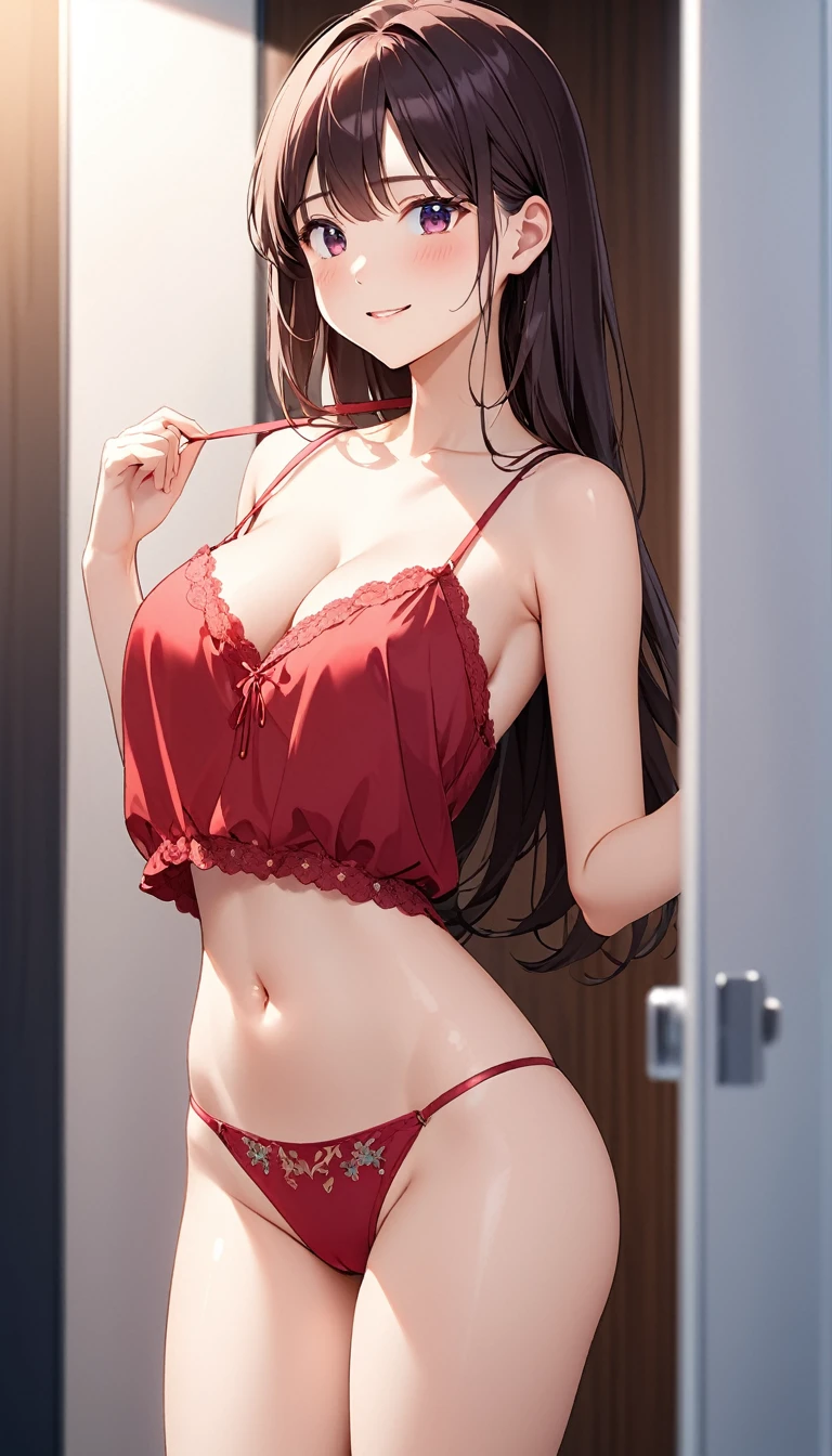 huge breasts,,masterpiece, best quality, highres, aaanna, long hair, brown eyes, , smile, my room,camisole,panties,nsfw