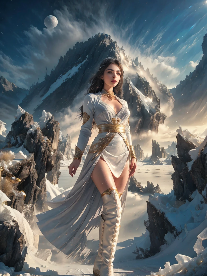 Beautiful girl, full bodyesbian, Attractive body, Slim beautiful body, Attractive beautiful face, Big chest, Beautiful flowing dress, Realistic eyes, The eyes of a doe, standing on top of a mountain, Arms outstretched, full body shot of, Ultra HD, hdr, Dramatic lighting, voluminetric lighting, intricately details, Masterpiece, 8K