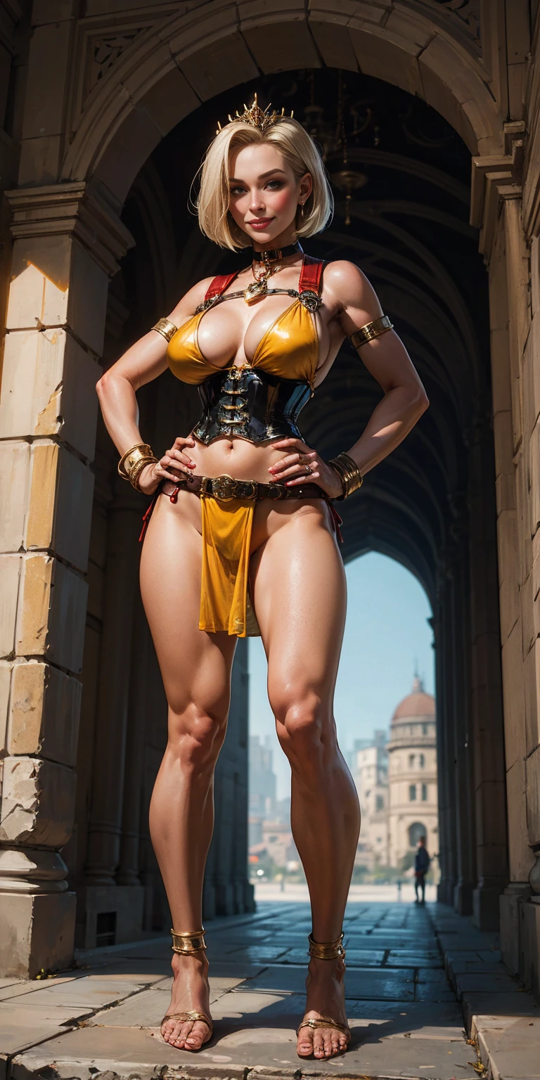 masterpiece, best quality, full body, barefoot, solo, female, big breast, Android 18, yellow bikini, hands on waist, navel, lustful smirking smiling, smile face (red blushed, red cheeks), metal shoulders, gold sleeveless armbands, black leather choker collar, shackle bracelets, pauldrons, breastplate, corset, eye focus, full body, whole body, loincloth standing, hands on hips, metal sandals, backpack, twin big belt, view from below, feet together, bracers, tiara