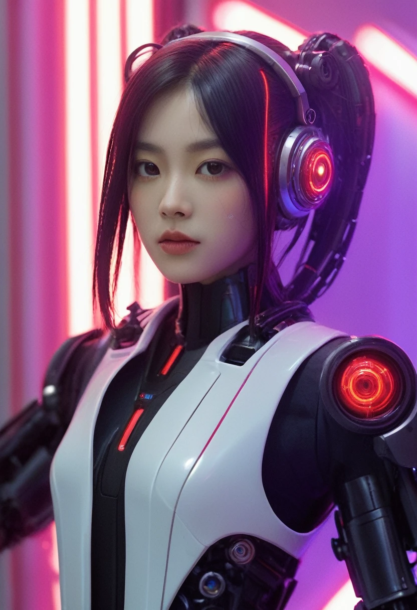 xxmixgirl. Highly detailed professional 35mm film, bokeh, face in sharp focus. A robotic female, Miku, with ((metal skin)), ((perfect Asian eyes)) with magenta irises and ((black pupils)), beautiful serious (detailed face), 18 year old ((photorealistic face)), very long magenta twin tails of magenta hair, twin black hair ties with a single red stripe. She may have a black audio headpiece. We can see her ((full body)) down to her boot soles. Her outfit is a sleeveless collared light grey shirt, outlined in red around the frilled collar and hems. Shiny reflective ((metallic breast cups, dimpleless)), invisible nipples. She wears black sleeves with red hems that start around her upper arm and bellow out as the sleeves open and extend to her wrists, with wide trumpet red rimmed cuffs. She has perfect robotic (detailed hands). She wears a red colored tie with two horizontal solid parallel black lines halfway across. She wears a fabric black skirt with a horizontal red hem at the bottom all the way around; her (((black skirt wraps around her))) and ((her skirt completely covers)) her robotic waist and thighs. Tall black boots with red bottom soles, a red rim around the top at her thighs. Her mechanical shoulder joints are visible. We can see her robotic legs and robotic neck. Half of her is covered with shiny polished machinery. The background is a distant dark neon futuristic Japanese city, gold, cyan, violet neon, near harbor or mountains.
