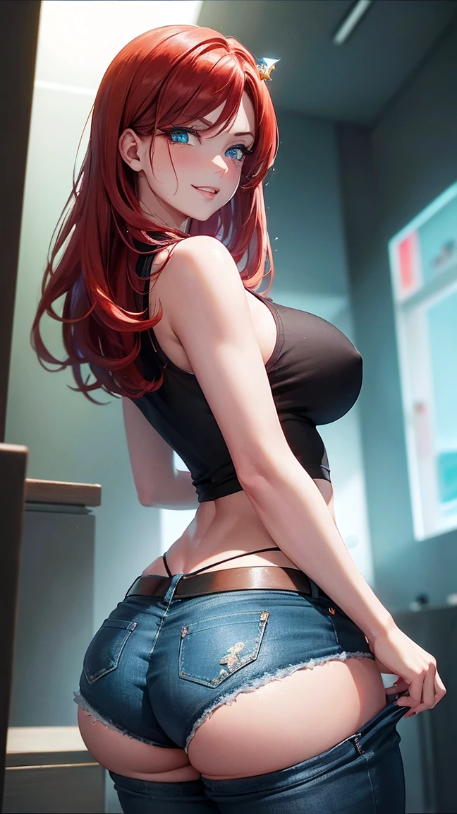 red hair, straight hair, wet hair, jewelry, eye reflection, star-shaped pupils, (perfect aqua blue eyes), one eye closed, evil smile, smug, tsundere, red lips, cheek-to-cheek, cinematic lighting, chromatic aberration, god rays, ray tracing, motion blur, drop shadow, angle from behind, Eye-Level Shot, UHD, masterpiece, high details, high quality, best quality, highres, 16k, ((perfectly curvacious ass)), ((massive ass)), (detailed pupils), ((thick perfect thighs)), beautifully detailed pupils, (((casual clothing))), denim jeans, calm sunny neighbourhood, daytime ((firey detailed eyes)), beautiful dark pupils, (black tank top)