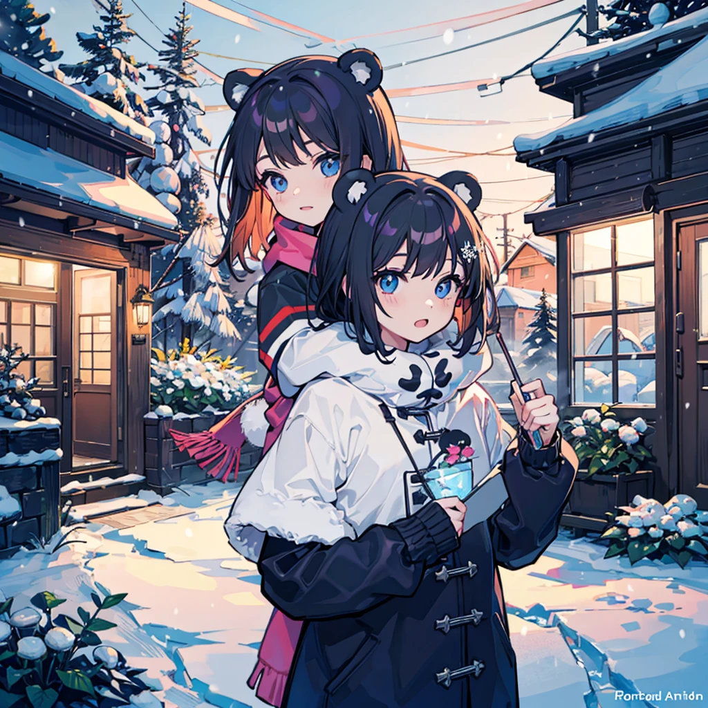 Miniature Garden Panda Ears Girl Snow Background Snow Country Snowflake