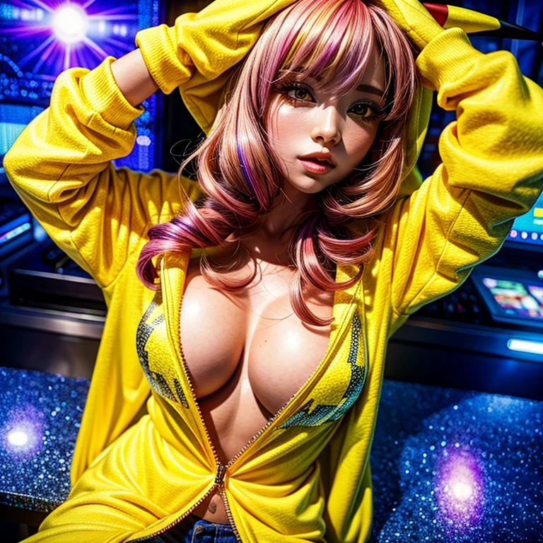 (awaitingtongue-sd-v1-800:1.1) PUNIPUNI, a beautiful Pink hair gamer girl, beautiful detailed Blue eyes with (Sparkling Highlights:1.28), beautiful detailed lips,extremely detailed eyes and face,longeyelashes,in a (((Yellow Pikachu hoodie))) MoeSleeves,(Professional photo from above:1.37), Huge breasts (Overflowing Gigantic cleavage:1.28) close up down blouse, awaitingtongue, (perfect lighting) navel, Radiant PearlSkin with Transparency