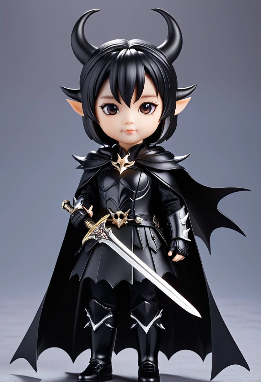 (masterpiece, Highest quality)、Cute girl demon king、Pointy Ears、Horns growing from his head、Black Armor、Black Devil Wings、Not scary、The sword in his hand has a black blade、頭以外はBlack Armorに包まれている、Fluttering black cape、Not scary、