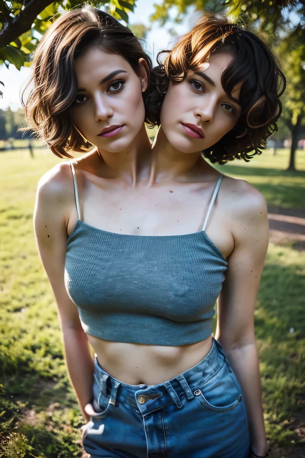 2heads, female couple, age 28, two heads on one body, conjoined, one torso, hipsters, curly hair, short hair, long hair, grunge fashion, in the park