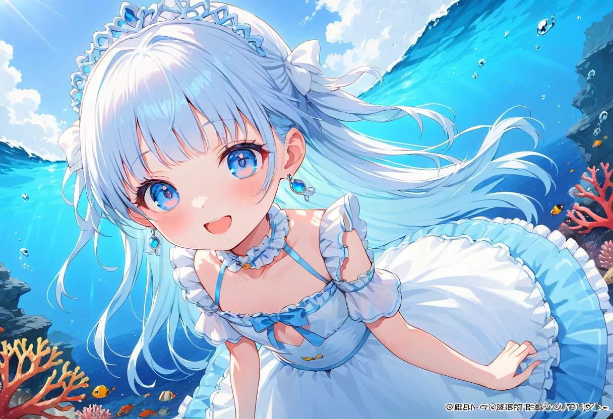 masterpiece, best quality, extremely detailed, (illustration, official art:1.1), 1 girl ,(((( light blue long hair)))), ,(((( light blue long hair)))),light blue hair, , long hair ((blush)) , cute face, big eyes, masterpiece, best quality,(((((a very delicate and beautiful girl))))),Amazing,beautiful detailed eyes,blunt bangs((((little delicate girl)))),tareme(true beautiful:1.2), sense of depth,dynamic angle,,,, affectionate smile, (true beautiful:1.2),,(tiny 1girl model:1.2),)(flat chest),
(adolescence girl), (loli, petite), small smile, ,Big earrings,(The Coral Princess’s earrings are made of beautiful coral born from the depths of the sea. These earrings highlight her beauty even more, and their presence symbolizes the mystery and power of the sea. When she wears these earrings, those around her are fascinated by her beauty and elegance.)、(((tareme eye)))