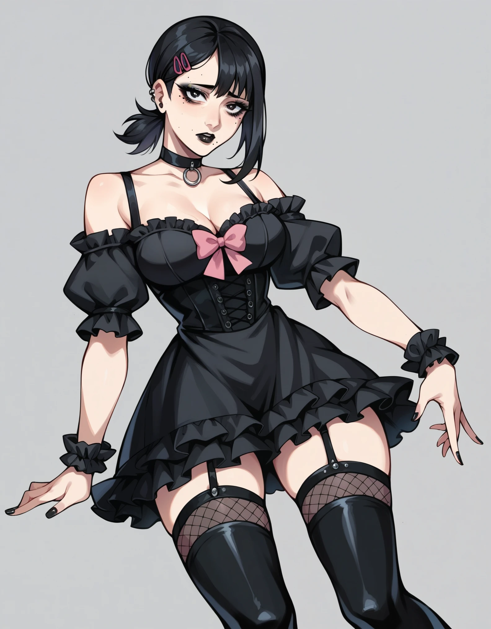 score_9,score_8_up,score_7_up, source_anime, kobeni higashiyama, goth aesthetic, black lipstick, black eyeliner, wearing black choker, black frilly goth dress, pink bows, black thigh high socks, black goth boots, elegant pose, simple grey background