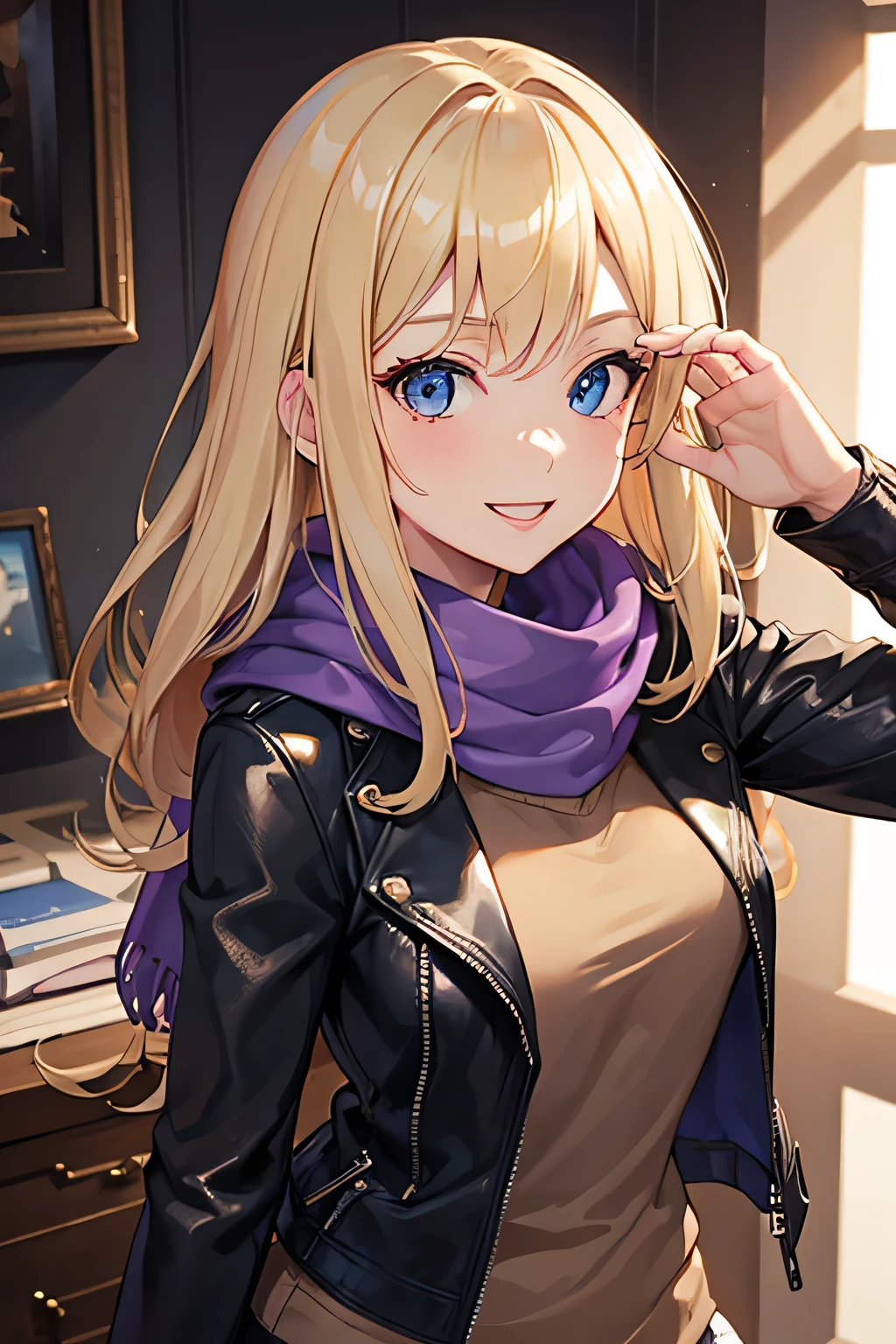 masterpiece, best quality, young, blonde haired girl, blue eyes, medium breasts, dark leather jacket, beige shirt, purple scarf, smiling
