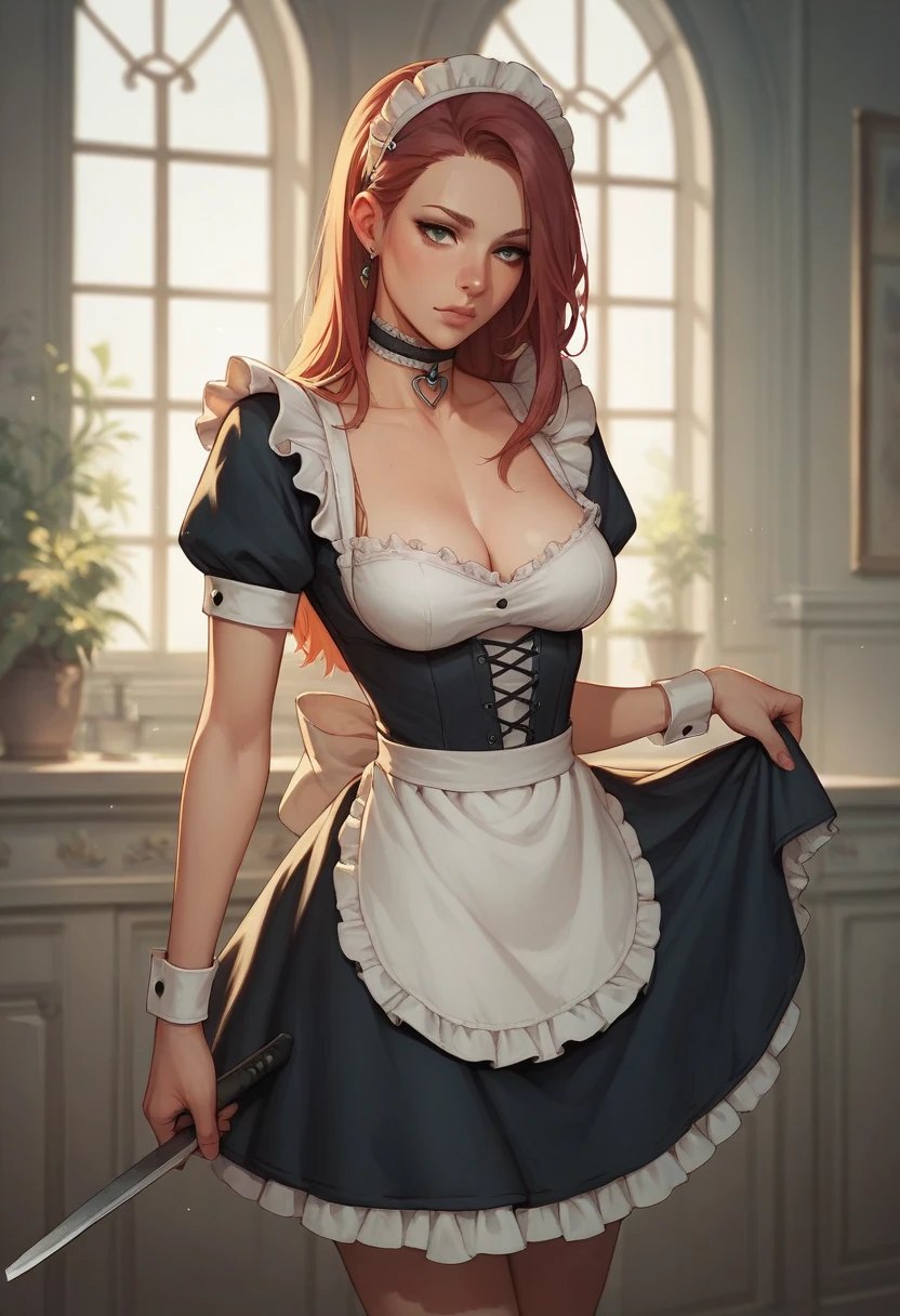 choker, Maid's Headdress, nude、Huge breasts、Staring at a huge penis、surprised、blush、Upper body only、Erect penis、Pregnant women、Handjob