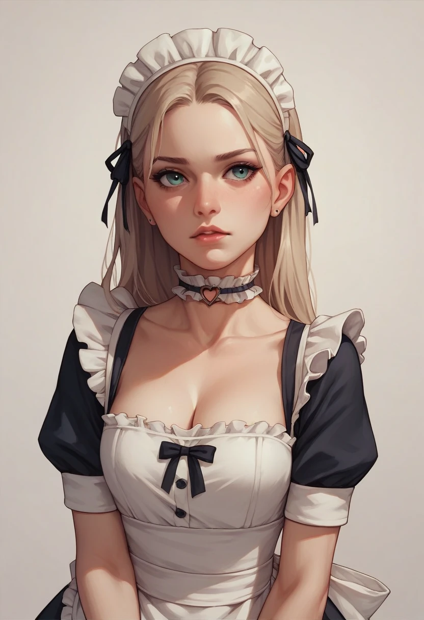 choker, Maid's Headdress, nude、Huge breasts、Staring at a huge penis、surprised、blush、Upper body only、Erect penis、Pregnant women、Handjob