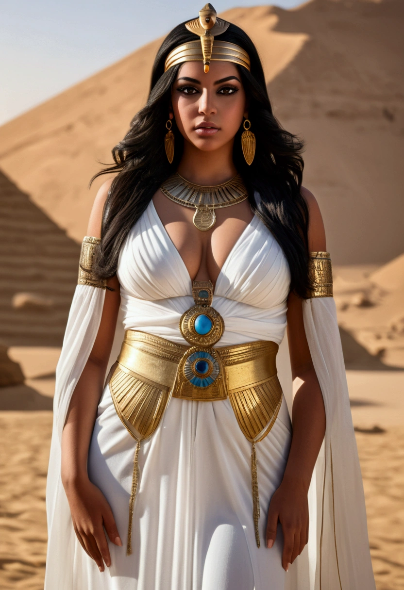 ((masterpiece, best quality, ultra-detailed, ultra-HD, photorealistic, cinematic)), (medium camera shot, from front:1.5), (standing, sensual pose), (1girl), (alluring and thicc Egyptian princess:1.4), perfect anatomy, perfect face, (bursting breasts, large cleavage), proportioned hands, (straight long black hair:1.3), (wearing white Egyptian gown:1.4), (wearing gold accessories), ((Egyptian desert)), (detailed pupils, detailed eyes, blushing, nude lips, slightly parted lips), (looking at the viewer)