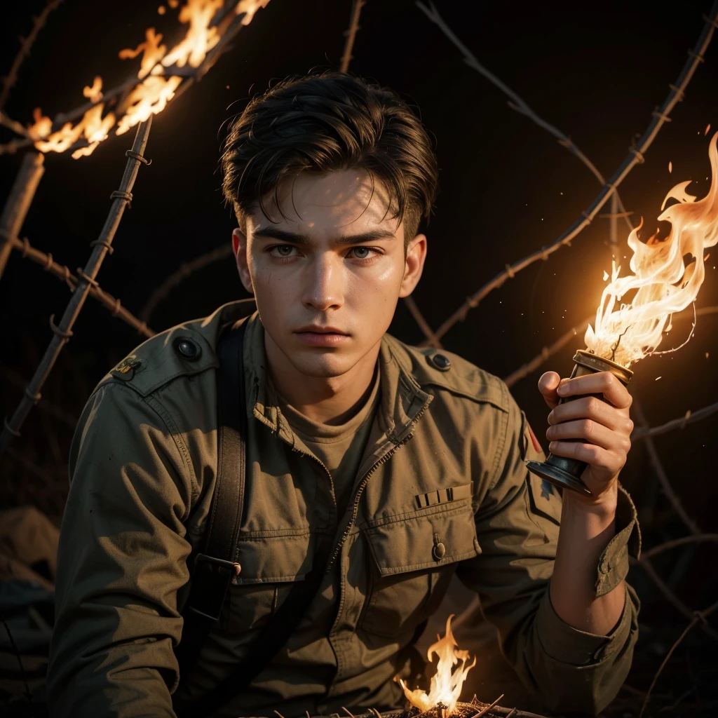 War, fire, dead soldier, barbed wire