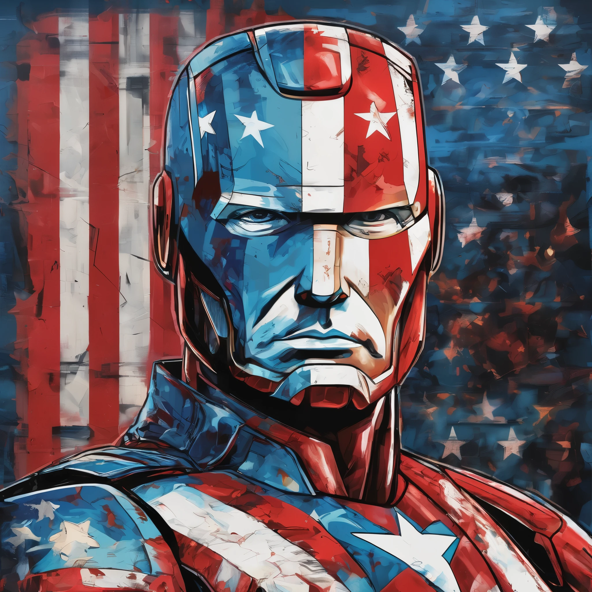 donald trump united states flag red blue white fist raised fight , without a mask and with an iron man uniform, portrait of the front of the face to the waist, advanced punk figurative art background, estilo alex petruk