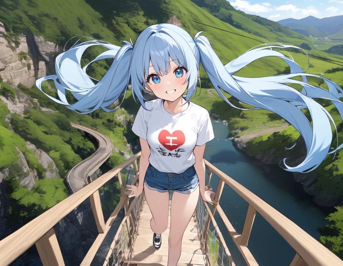 Light blue long hair、Beautiful girl with twin tails、Bigger in the center、Bright smile、T-shirt and denim shorts、Crossing a suspension bridge over a valley、From the top of the suspension bridge、Looking fearfully into the valley