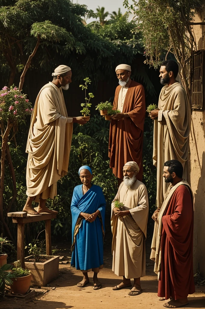 Two neighbors presenting the plants to a wise man, one plant is withered and the other has fruits