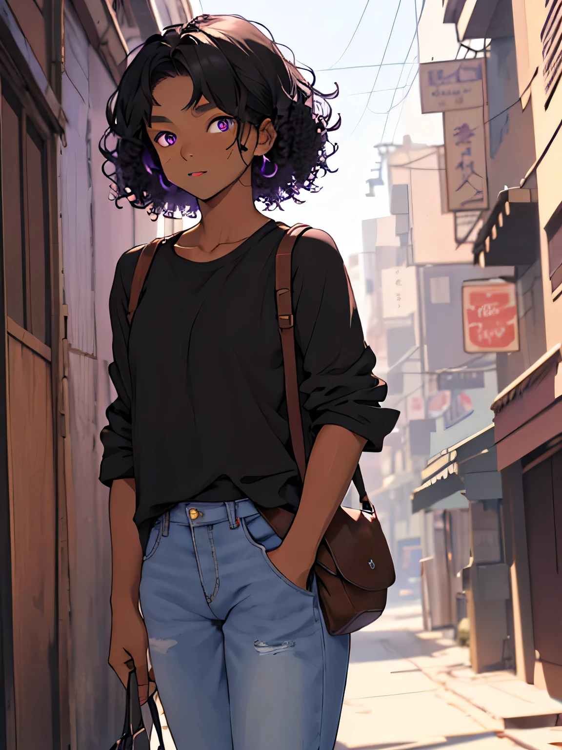 Girl with beautiful age appearance,Medium curly black hair, purples eyes, casual outfit, brown skin, cinematic atmosphere