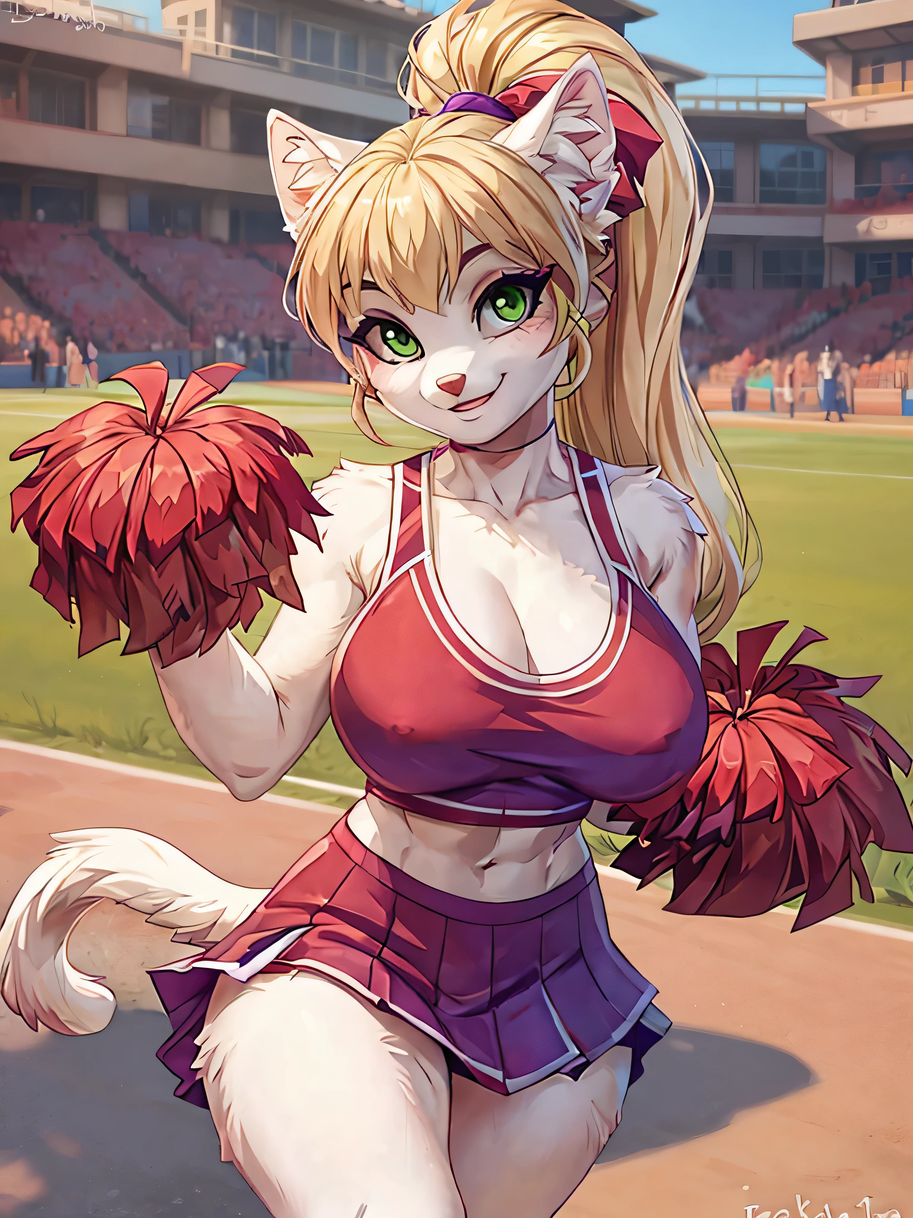 (Alisa Vald by iskra), female, anthro, (white fur), female cat, blonde hair with a ponytail, (thin eyebrows), green eyes:0.8, medium hips, big breasts, (red cheerleader), schoolyard, (purple makeup), (seductive look), (seductive smile)