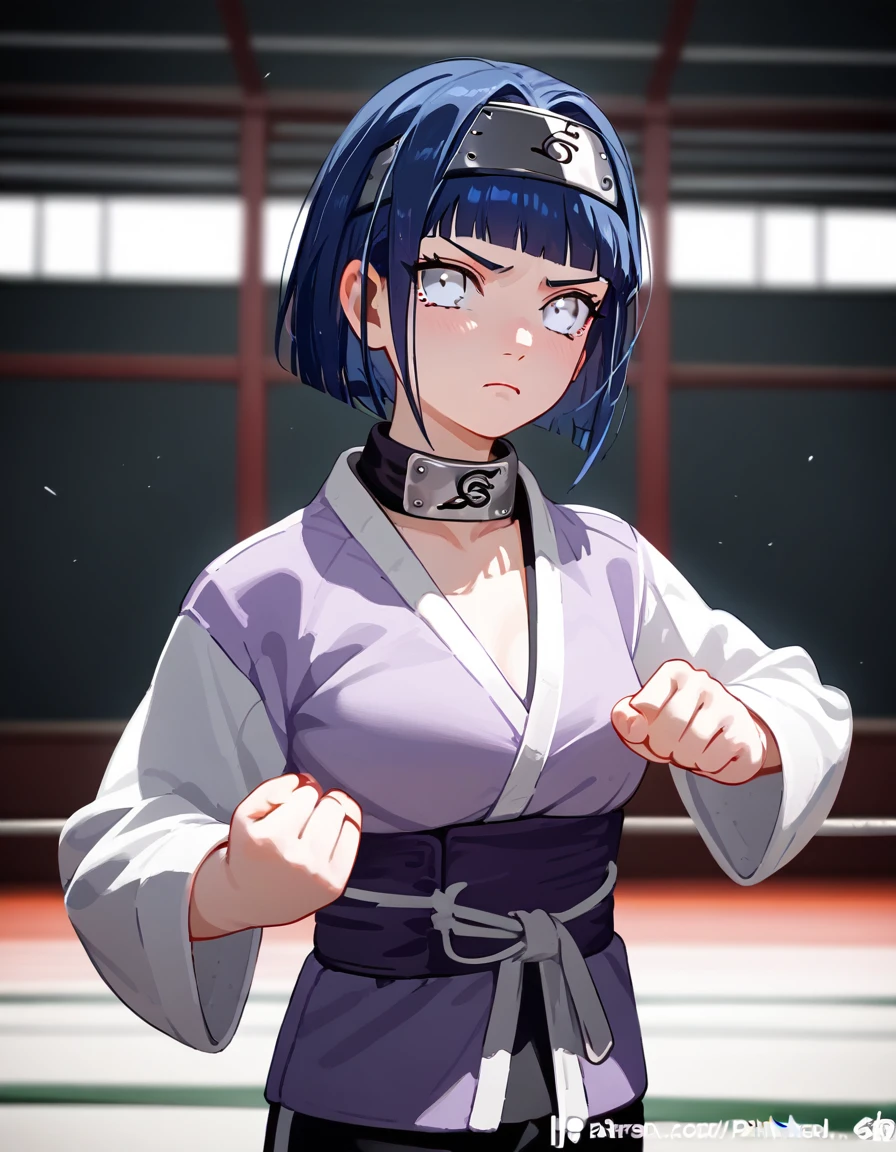 Digital illustration of a female hinata character big tits sexy with long, dark blue hair and pale skin. She has distinctive white eyes and a serious expression. The character is wearing a black mesh top under a purple garment with a white collar, which features a metallic headband with a symbol on it. Her hands are positioned in a specific gesture, suggesting a pose related to martial arts or a similar discipline. The background is blurred, focusing attention on the character. The artist's signature and a URL are visible in the bottom left corner, written in white script. anime, anatomically correct, super detailed, high quality, 4K, high details, super detailed, 4k