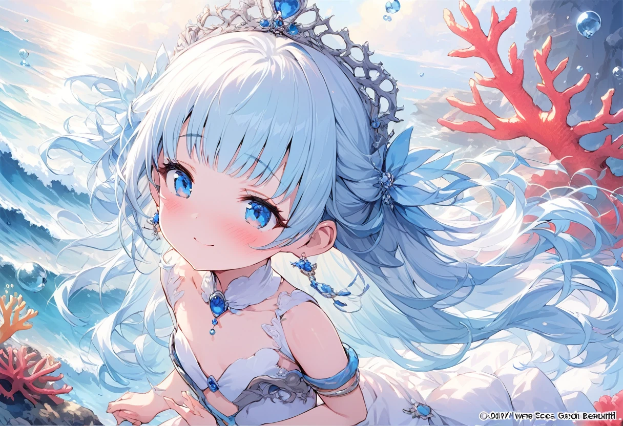 masterpiece, best quality, extremely detailed, (illustration, official art:1.1), 1 girl ,(((( light blue long hair)))), ,(((( light blue long hair)))),light blue hair, , long hair ((blush)) , cute face, big eyes, masterpiece, best quality,(((((a very delicate and beautiful girl))))),Amazing,beautiful detailed eyes,blunt bangs((((little delicate girl)))),tareme(true beautiful:1.2), sense of depth,dynamic angle,,,, affectionate smile, (true beautiful:1.2),,(tiny 1girl model:1.2),)(flat chest), (adolescence girl), (, petite), small smile, ,Big earrings,(The Coral Princess’s earrings are made of beautiful coral born from the depths of the sea. These earrings highlight her beauty even more, and their presence symbolizes the mystery and power of the sea. When she wears these earrings, those around her are fascinated by her beauty and elegance.),face close up
