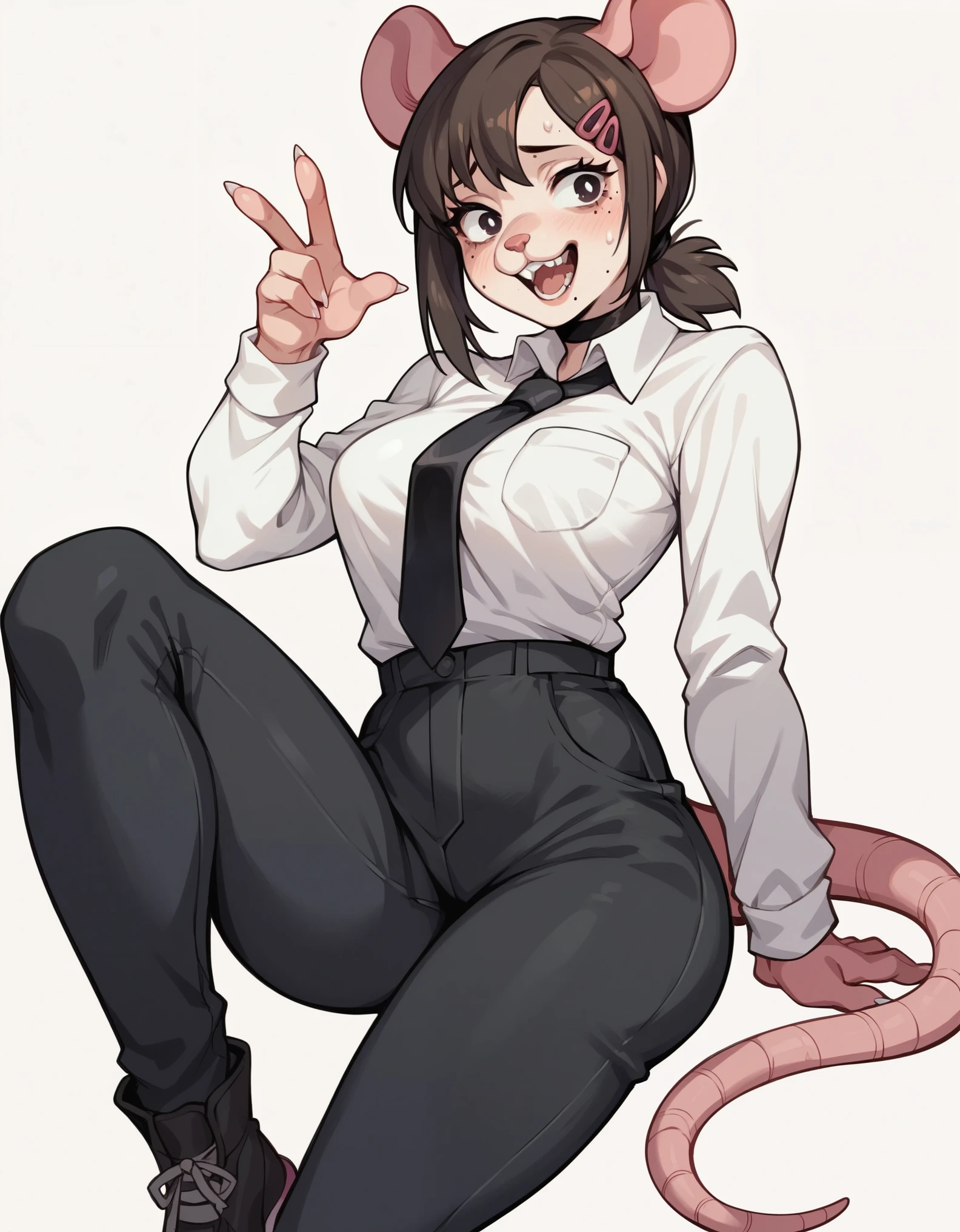 score_9,score_8_up,score_7_up, source_furry, Anthro, kobeni higashiyama, she is an Anthro furry rat girl, pink rat eats, grey fur, pink nose, rat ears, tail, wearing only black thong, topless, shy smile, looking to the side, sitting on a desk, simple grey background, nervous, surprised expression, rear view, covering her breasts, looking over her shoulder