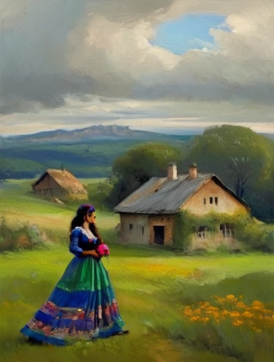centralized oil painting a landscape panoramic view of with a beautifull landscape and one rustic house, full body a beautiful gypsy woman wearing a blue and green dress (4:8), acentuade collors, walking in front a house, magnifent oil painting, artstation style, fantasy art style by Abigail Larson, Ralph Blakelock, john william waterhouse, chiaro scuro techniques, high detail, 8k, style midjourney --v 5.2--ar 85:128 --v 6. 0