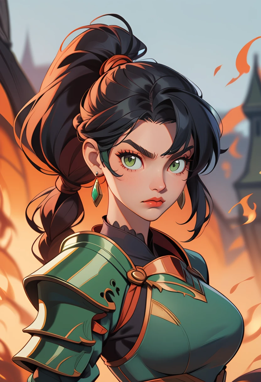 th3t4styl3, 1girl, solo, green eyes, long hair, jewelry, braid, looking at viewer, black hair, earrings, upper body, breasts, closed mouth, single braid, fire, medium breasts, ponytail, braided ponytail, blurry, serious, long sleeves, v-shaped eyebrows, blurry background, armor, lips