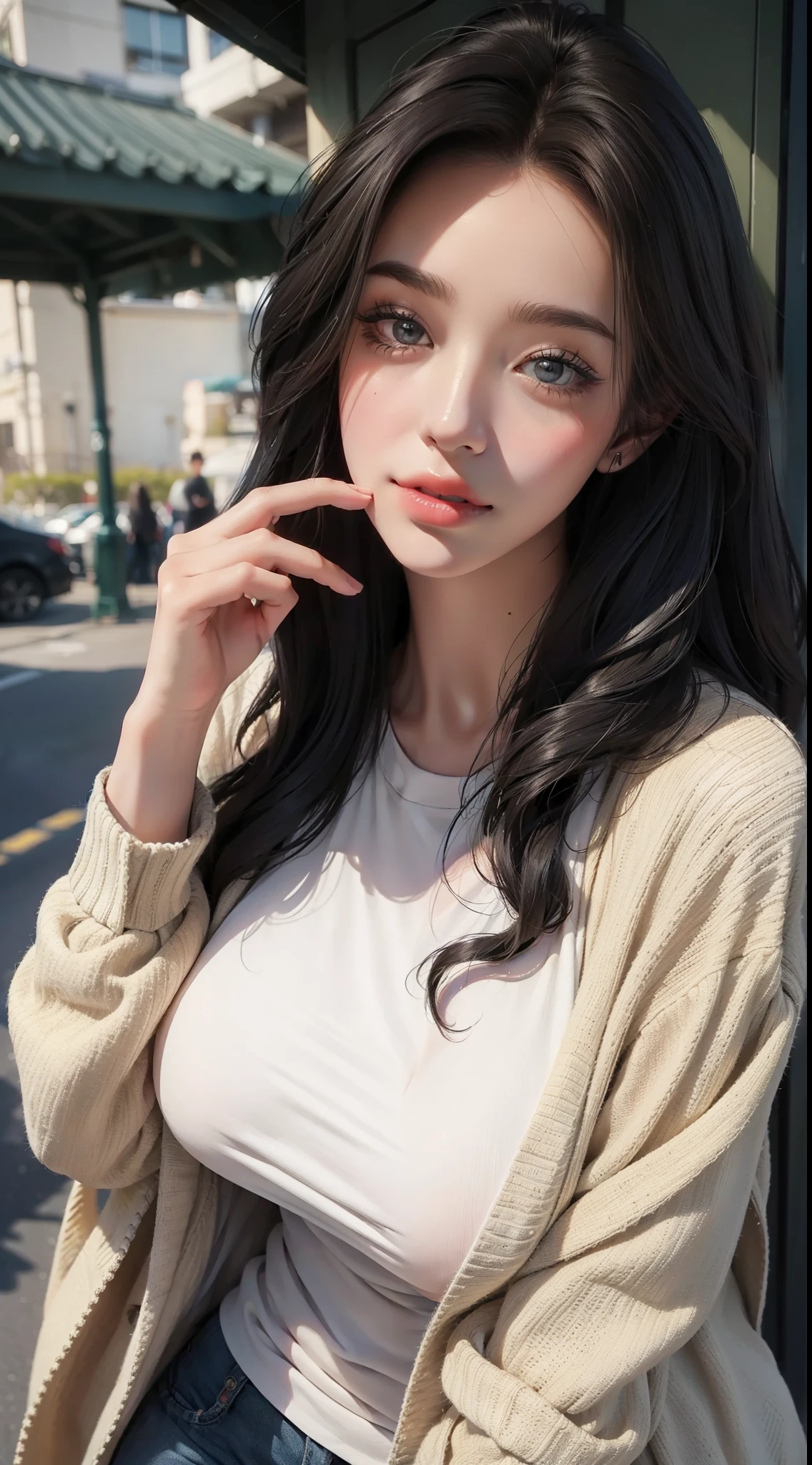 ((Highest quality、8k、masterpiece:1.3))、voluptuous woman、One Girl、(Slim figure:1.2)、Dark brown hair、Ultra detailed face、Detailed lips、Detailed eyes、double eyelid、(Big Breasts:1.2)、Random T-shirt、Random outfit、Random Location、A particular woman、Private Server、dressing、(smile:1.2)、(Layered style for autumn with a long cardigan。