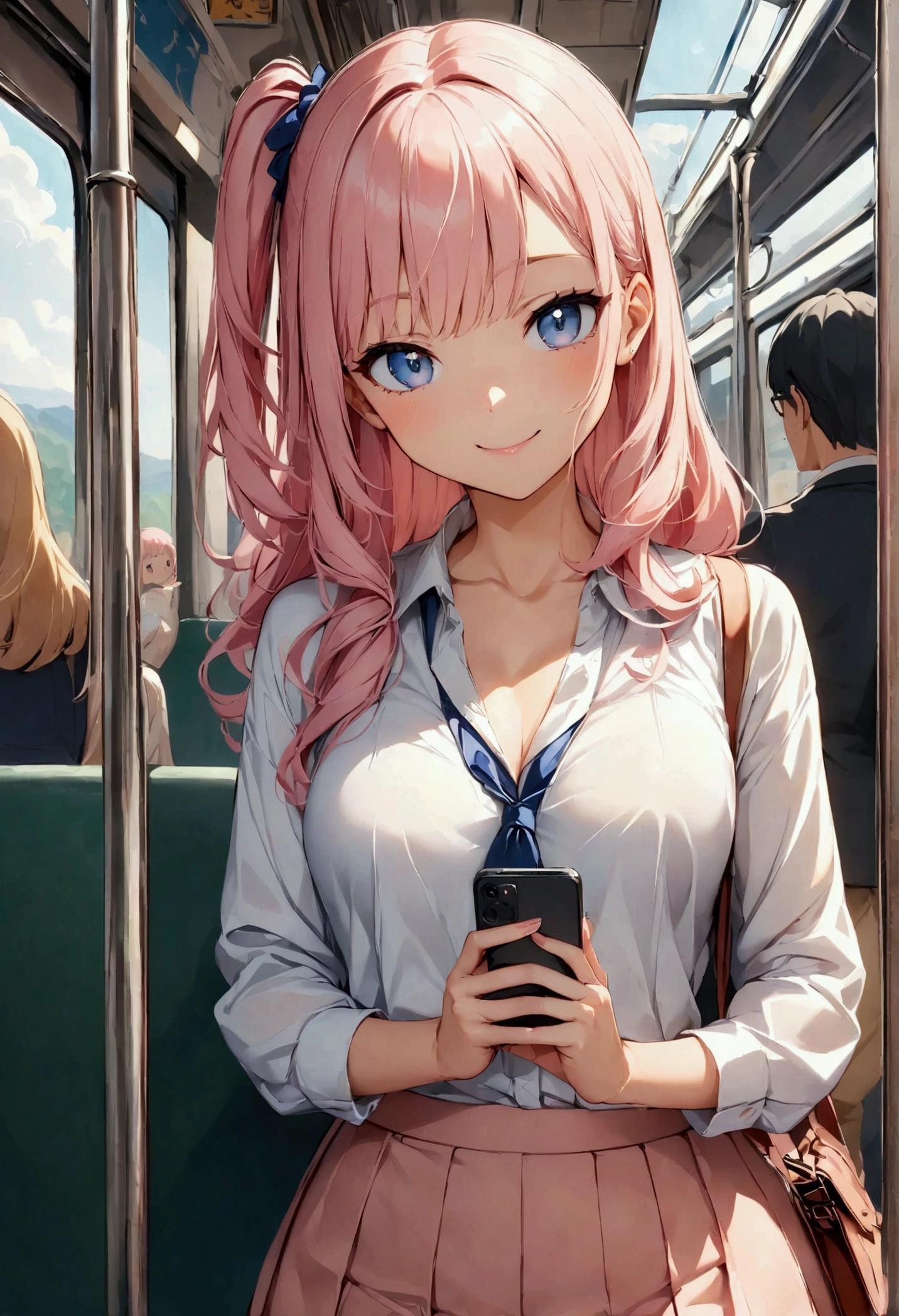 (high resolution,high quality)anime、Beauty、cute、Stylish、Pink Hair、One Side Up、sexy、Stylish casual clothes、View your viewers、smile、on the train、smartphone