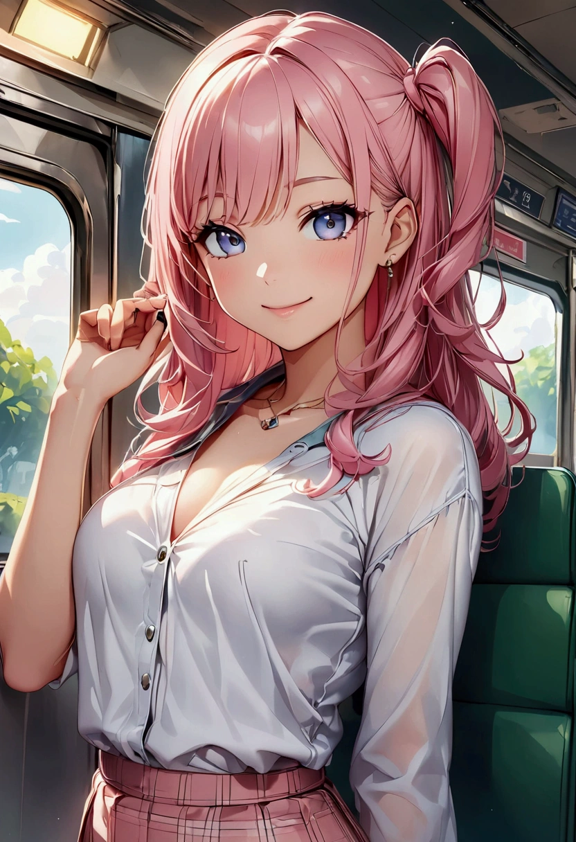 (high resolution,high quality)anime、Beauty、cute、Stylish、Pink Hair、One Side Up、sexy、Stylish casual clothes、View your viewers、smile、on the train、smartphone