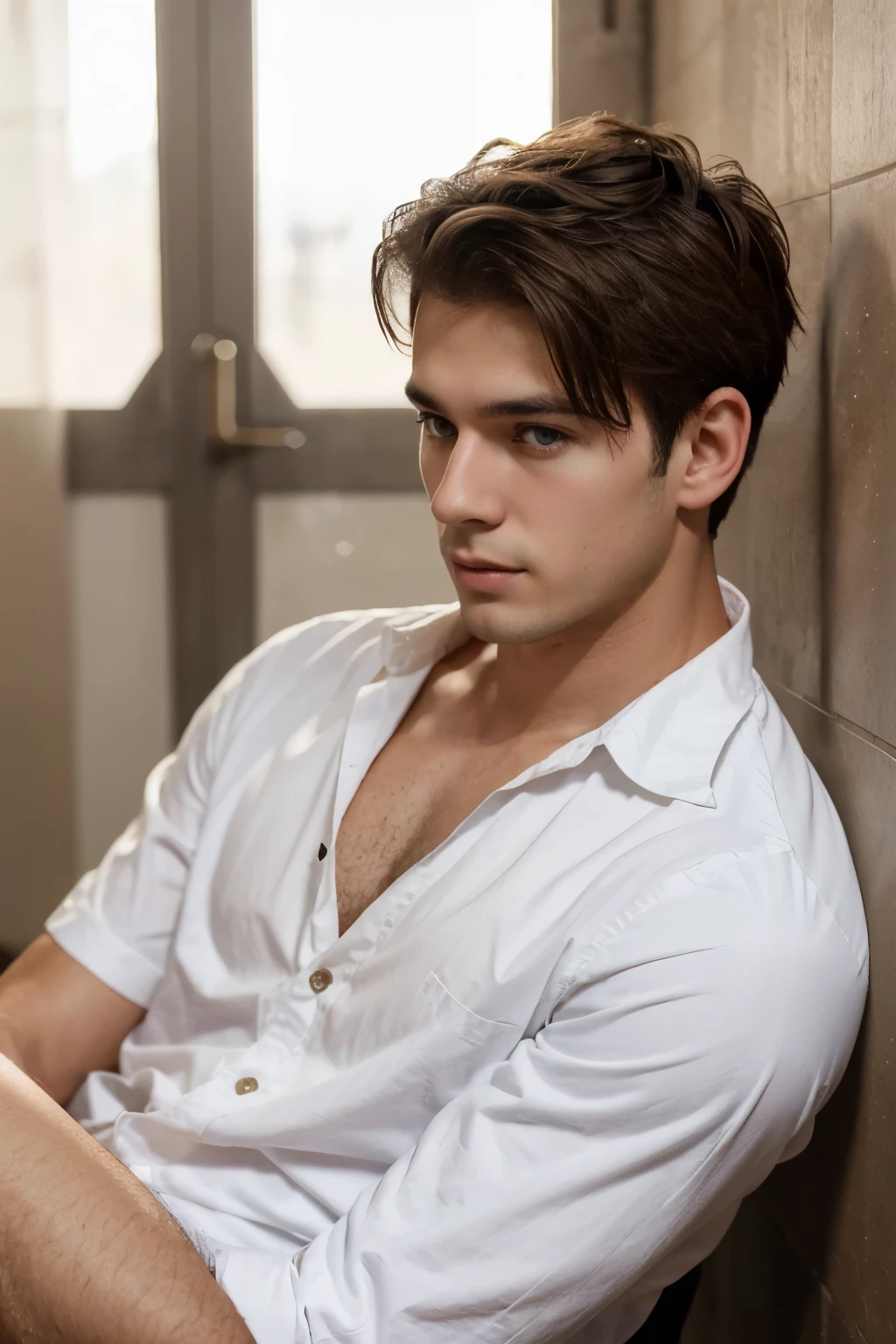 handsome man. Approximately 25 years old, with fair hair, short hair and white skin