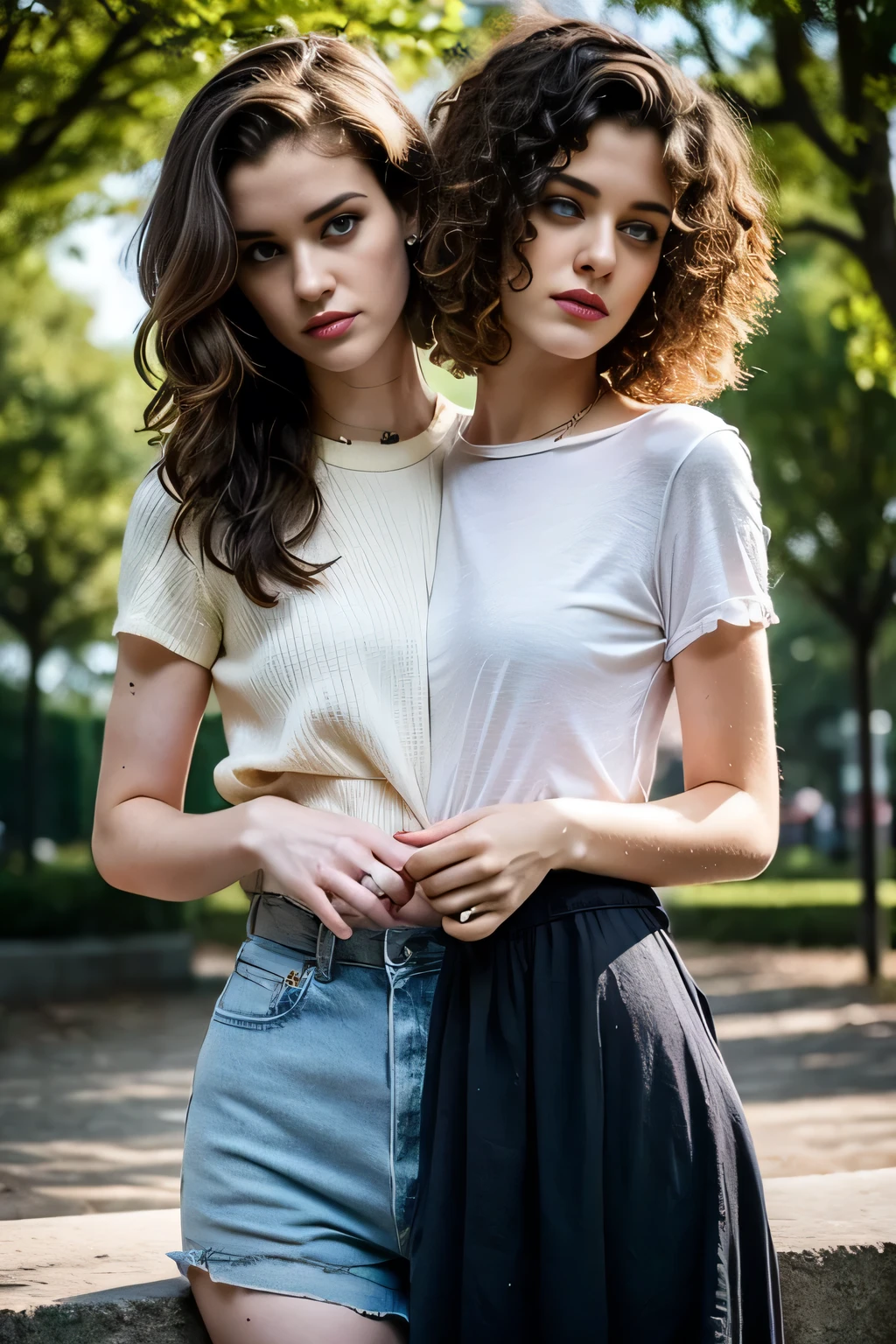 2heads, female couple, age 28, two heads on one body, conjoined, one torso, hipsters, curly hair, grunge fashion, in the park