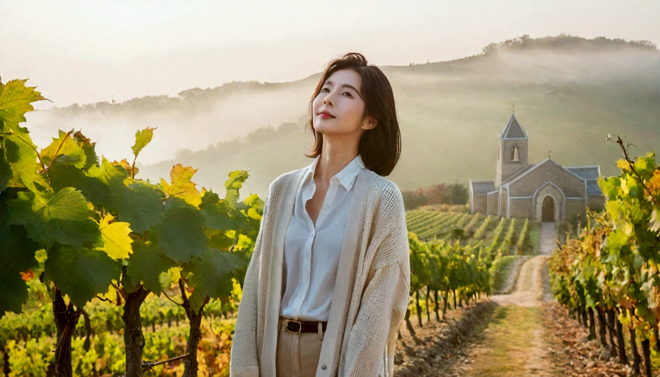 best quality, In 8K, 32K, Photo of a beautiful 36-year-old Korean woman, short medium hair, Inspired by Son Ye-jin, whole body, face focus, Shirt that goes up to the neck and a short cardigan from a luxury brand, beige casual pants, Italian countryside vineyard background, Ranged、make a happy face, 새벽 진한 한개속 The cathedral is visible in the distance, There is thick fog, path, looking up the side, Wear a shirt that covers your chest, The cathedral is visible in the distance, Photo of endless vineyard scenery, look up the side. thick dawn fog, Well-groomed hair, Photo of an elegant and modest woman, Endless vineyards, Vivid picture quality, Clear picture quality, The cathedral is visible in the distance. 언덕 위 path, 1 woman, colonnade가 있는 휘어진 path 언덕에서 바라본다. colonnade,