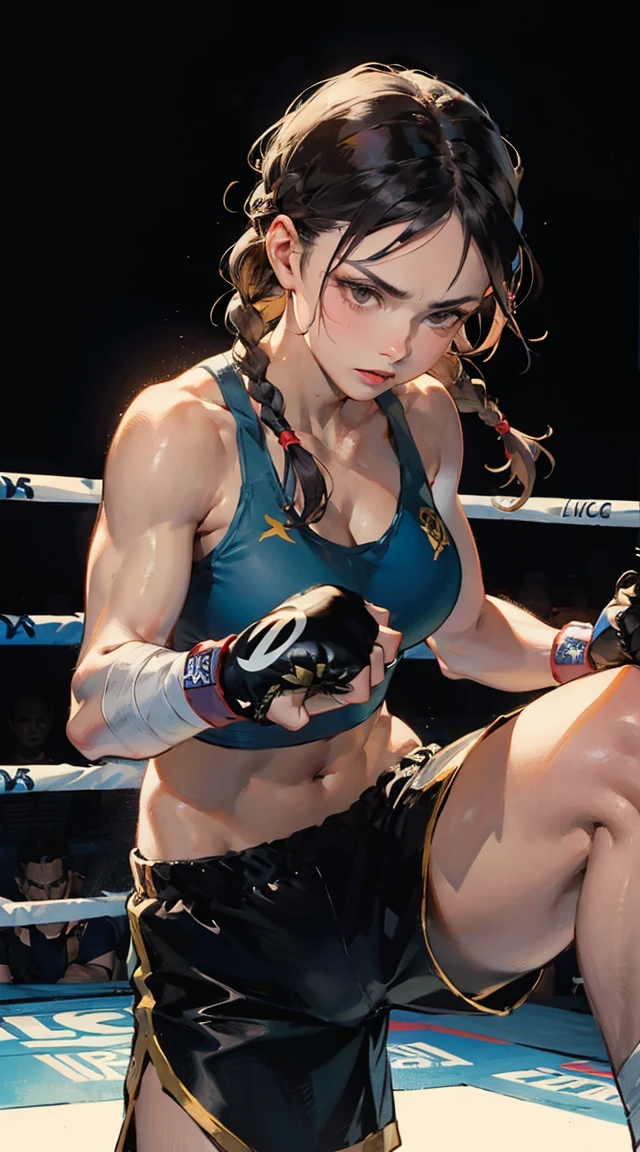 Imagine a powerful kickboxer, standing confidently in a fighting stance, with defined muscles and a determined expression. She has a lot of time, braided hair with intricate boxer braids, that add to your fierce appearance. She wears traditional purple and gold kickboxing attire, maybe shorts and a tank top, along with bandages and gloves. The cinematic ambient background emphasizing his dedication to training and combat sports. This combination captures the essence of a female kickboxer with boxer braids.. pretty, brown skin, Brazilian