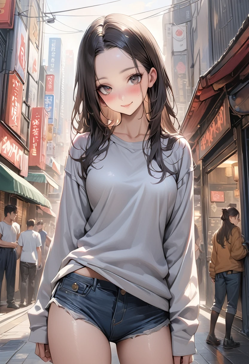((masterpiece,Highest quality:1.3,best quality illustration)),realistic,cowboy shot,独奏,1woman,(25 year old beauty),((very small head:1.3)),black hair,long hair,forehead,center parted bangs,black eyes,gorgeous big eyes,blush,smile,((very long body,skinny)),medium breasts,gleaming skin,slender body,skinny,(oversized gray sweatshirt)、Denim Microshorts、standing,on street,Shinjuku、Tokyo、