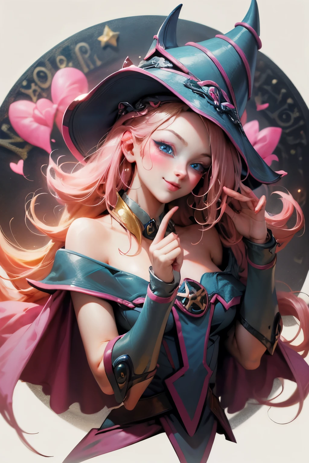 Beautiful face of dark wizard gils., blue eyes. pink lips. long blonde hair. exposed shoulders, angelic smile, beautiful well detailed face of the dark wizards gils. blowing a kiss. and winking. She is flirtatious with the viewer..