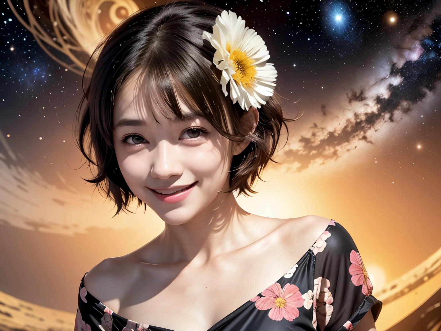 258 19-year-old female, (short hair),(Abstract background,universe), smile, flower