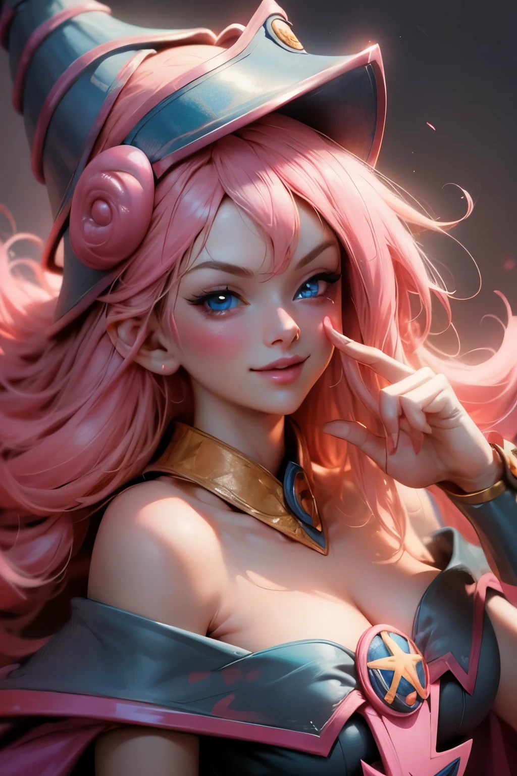 Beautiful face of dark wizard gils., blue eyes. pink lips. long blonde hair. exposed shoulders, angelic smile, beautiful well detailed face of dark wizard gils. blowing a kiss. and winking. She is flirtatious with the viewer.
