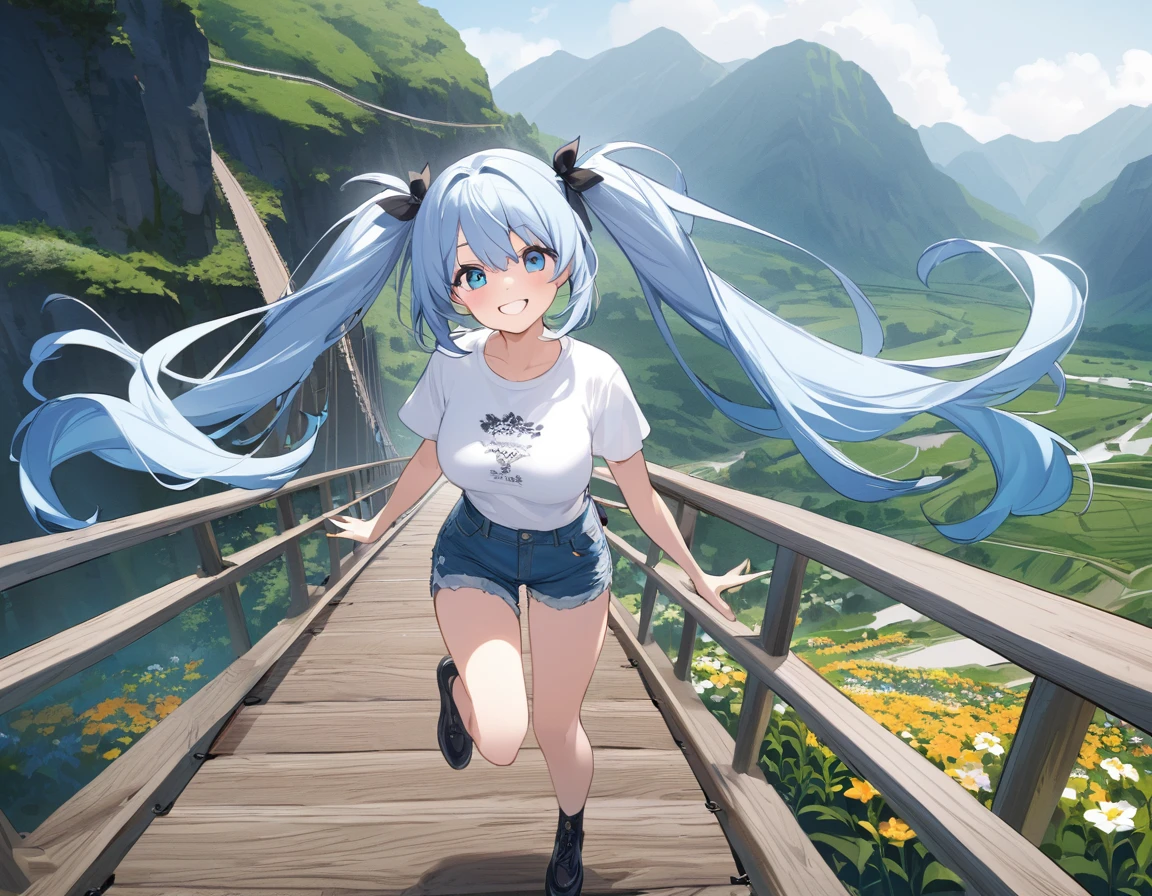 Light blue long hair、Beautiful girl with twin tails、Bigger in the center、Bright smile、T-shirt and denim shorts、Crossing a suspension bridge over a valley、From the top of the suspension bridge、Looking fearfully into the valley、The valley is full of flowers