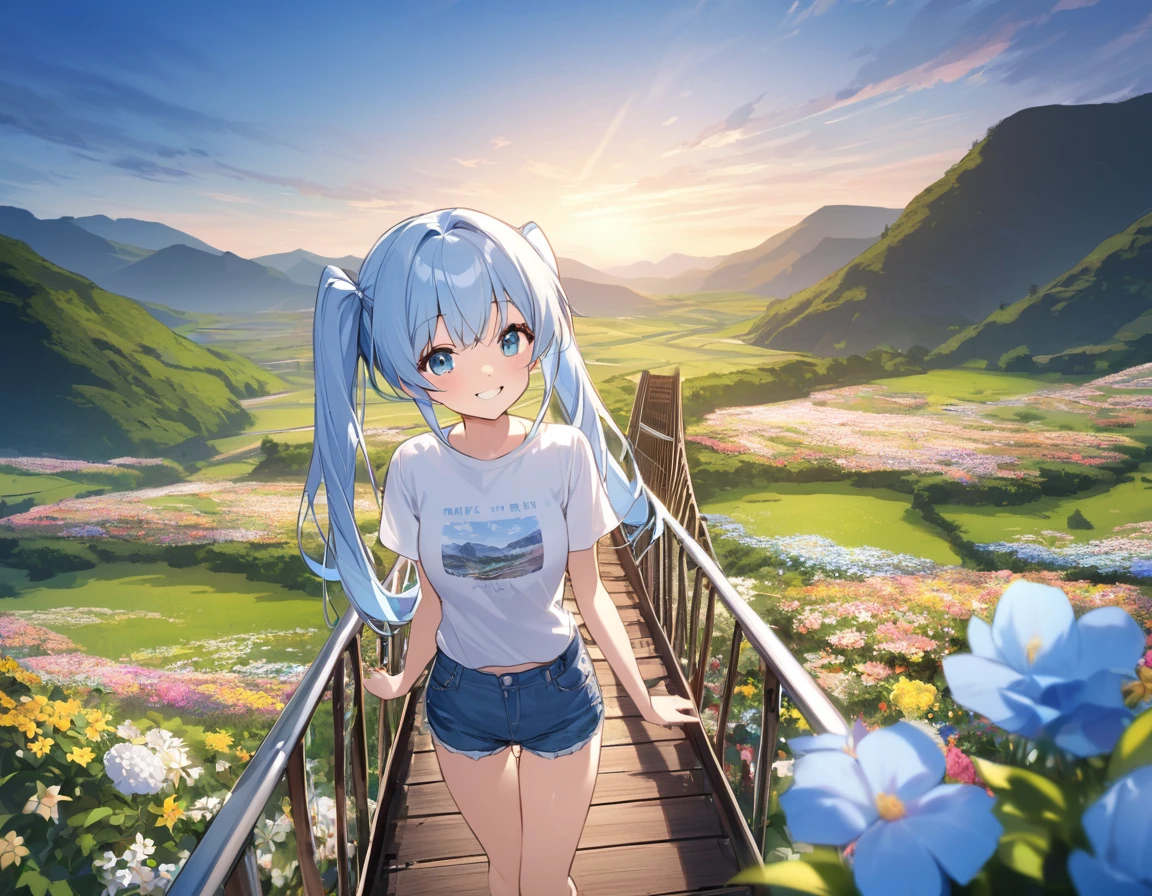 Light blue long hair、Beautiful girl with twin tails、Bigger in the center、Bright smile、T-shirt and denim shorts、Crossing a suspension bridge over a valley、From the top of the suspension bridge、Looking fearfully into the valley、The valley is full of flowers