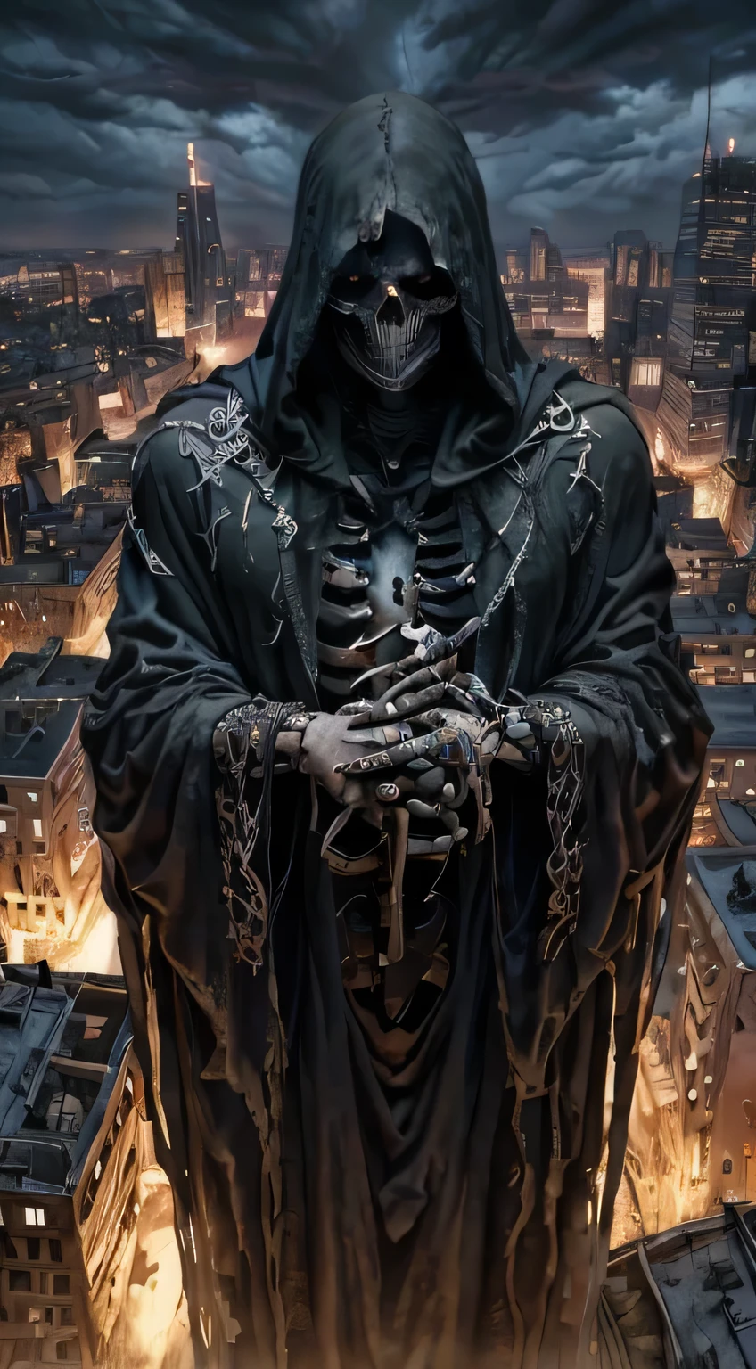 A foreboding figure of death looms over a sprawling metropolis, his skeletal form casting a chilling shadow over the city below. The Grim Reaper, cloaked in tattered black robes, is adorned with intricate, silver-embroidered symbols of mortality. In a highly detailed oil painting, the figure's hollow eyes radiate with an otherworldly glow, contrasting against the dark, stormy skies above. This hauntingly captivating image seamlessly blends the themes of life and death, drawing viewers into a macabre yet stunning interpretation of urban decay.