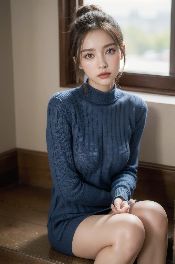 1girl, slim face, sharp blue eyes, brunette, hair in bun, thin:1.3,  body, wearing light knit sweater, high dark colored short skirt, hands on lap, looking at viewer, (eye level shot, cowboy shot),
BREAK
(best quality:1.3, masterpiece:1.3), (realistic, photo realistic:1.2), highres, UHD, 8k, (realistic skin, Detailed shiny skin), (normal expression, perfect anatomy),