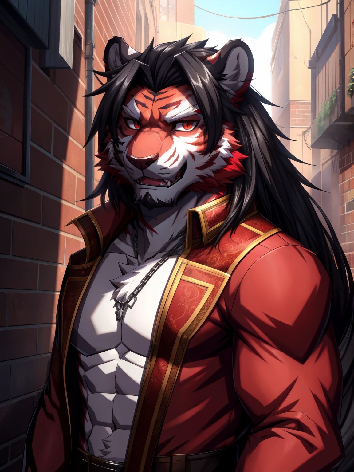 HD quality, wallpaper quality, detailed face, (detailed eyes), derailed image, solo, anthro, furry, furry male, tiger, ((fluffy fur, fluffy, furry body)), (tiger print), (((red fur))), fluffy tail, red noble outfit, Black noble coat, red eyes, hair tuft, long hair, (white body, bone white body, lean muscles), tiger tail, medium length hair, ((black hair,)), (black muzzle, red forearms), (((red stripes))), detailed fluffy fur, detailed face, detailed eyes, smaller arms (full body,), dark fantasy, valorant,(by DRKS, masterpiece, high quality, hi res,8k hd), close-view portrait, looking slightly up, looking at viewer, outdoor, alley way, friendly expression, heavy shadows, lean build, full body,